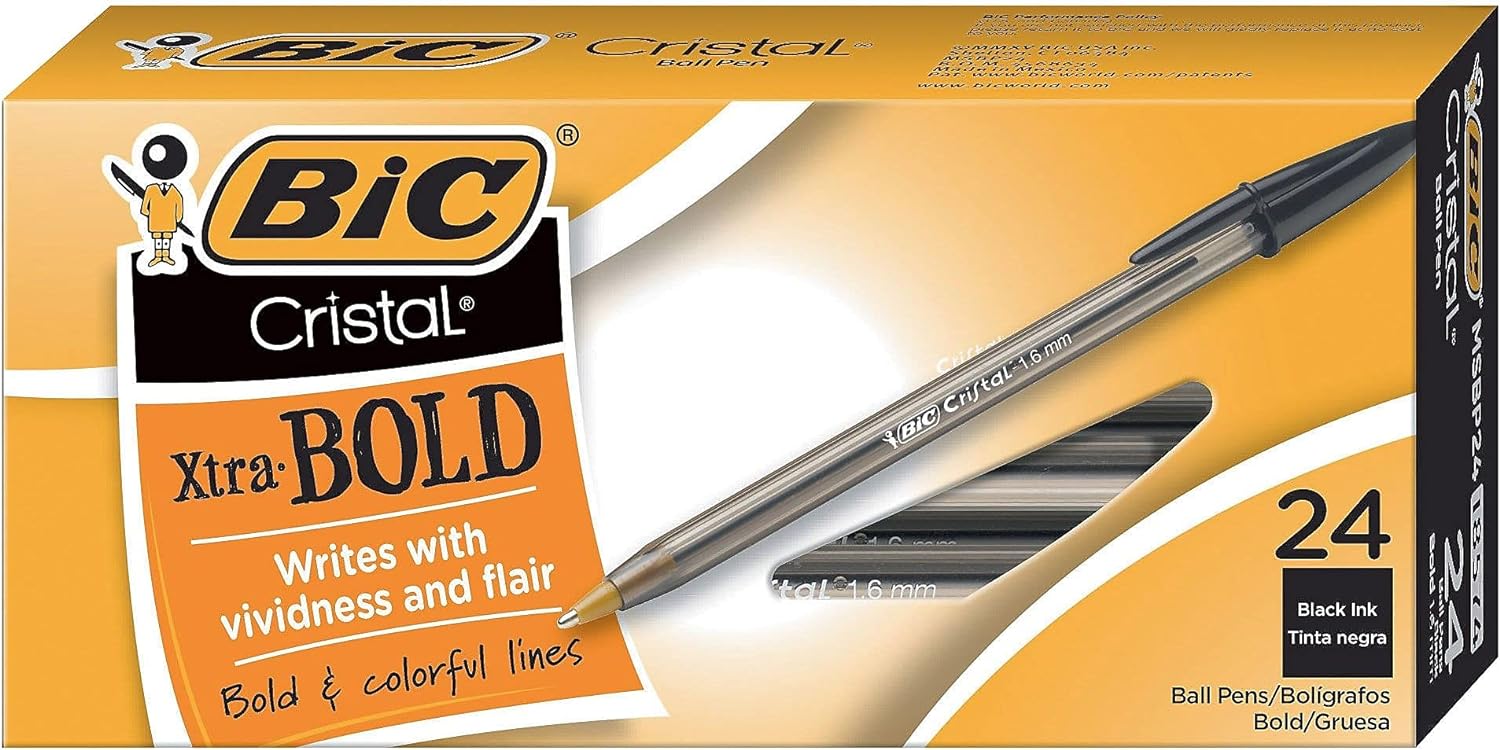 BIC Cristal Xtra Bold Ballpoint Pen, Bold Point (1.6mm) For Vivid And Dramatic Lines, Black, 24-Count