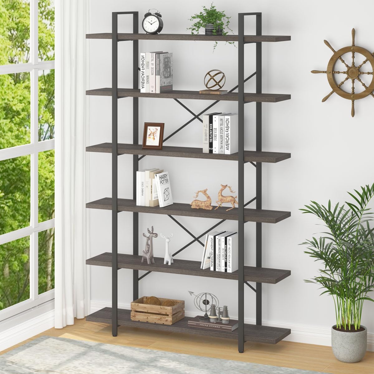 HSH Industrial Tall Bookshelf, Large Vertical Wood and Metal 6 Tier Book Shelf, Open 6 Shelf Bookcase for Bedroom Living Room Office, Vintage Display Storage Bookshelves and Bookcases, Dark Gray Oak