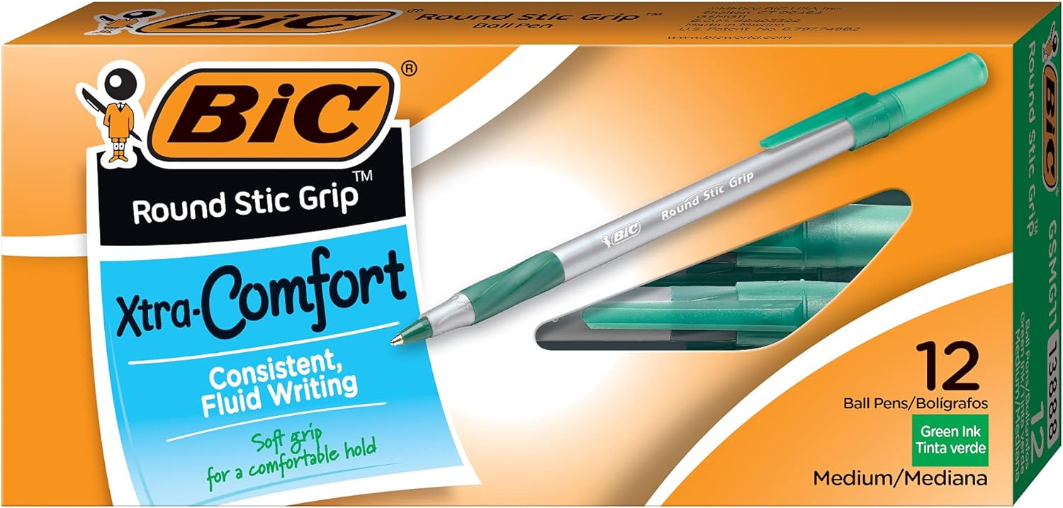 BIC GSMG11-GREEN Round Stic Grip Xtra Comfort Ball Pen, Medium Point (1.2mm), Green, 12-Count