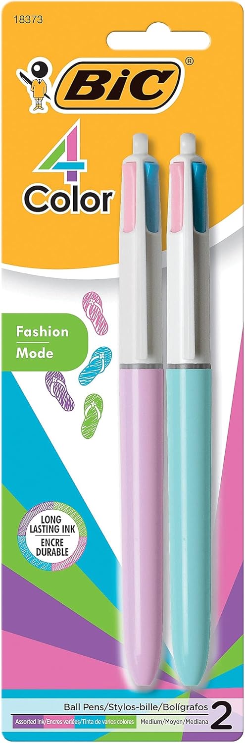 BIC 4-Color Fashion Ballpoint Pens (AMP21-AST), Medium Point (1.0mm), Assorted Fashion Ink Colors, Fun and Colorful, 2-Count