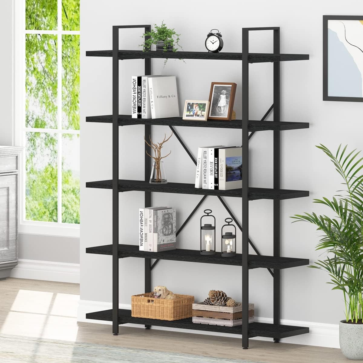 HSH 5 Tier Tall Black Bookshelf, Wood and Metal Storage Book Rack, Industrial Modern Etagere 5 Shelf Bookcase, Large Wide Open Display Book Shelf for Bedroom Living Room Office, Bookshelves Heavy Duty