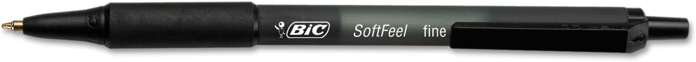 BIC Soft Feel Ballpoint Pens, Fine Point, 0.8 mm, Black Barrel, Black Ink, Box Of 12 Stick Pens (SCSF11-BLK)