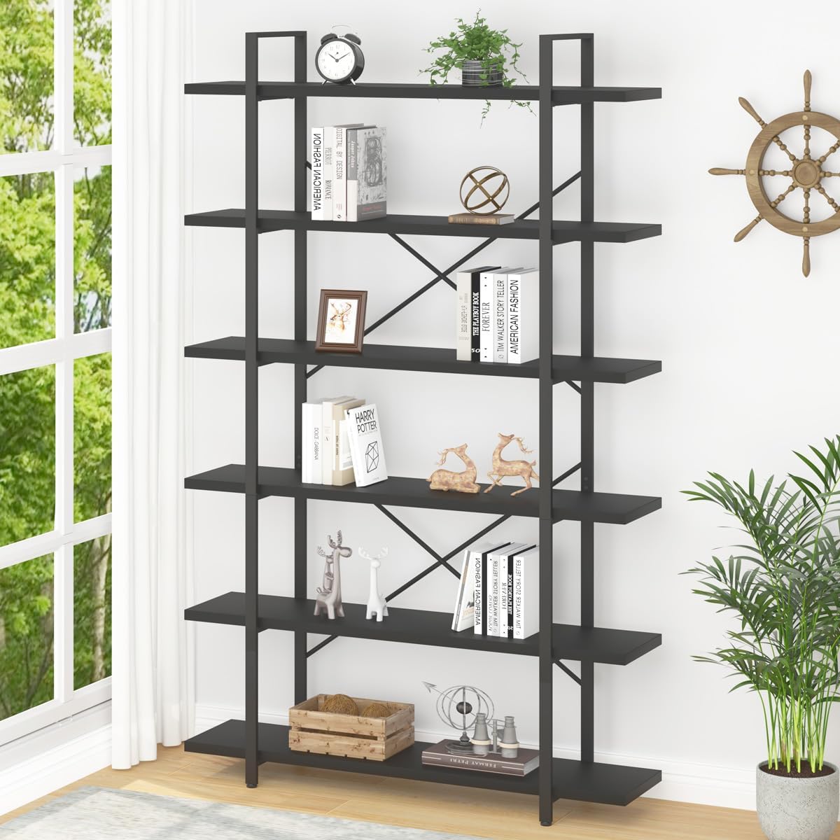 HSH 6 Tier Tall Black Bookshelf, Modern Large Storage Book Shelves & Display Book Shelf,Industrial Open Vertical Metal and Wood Black Bookcases 6 Shelf for Bedroom Living Room Office, Black Oak