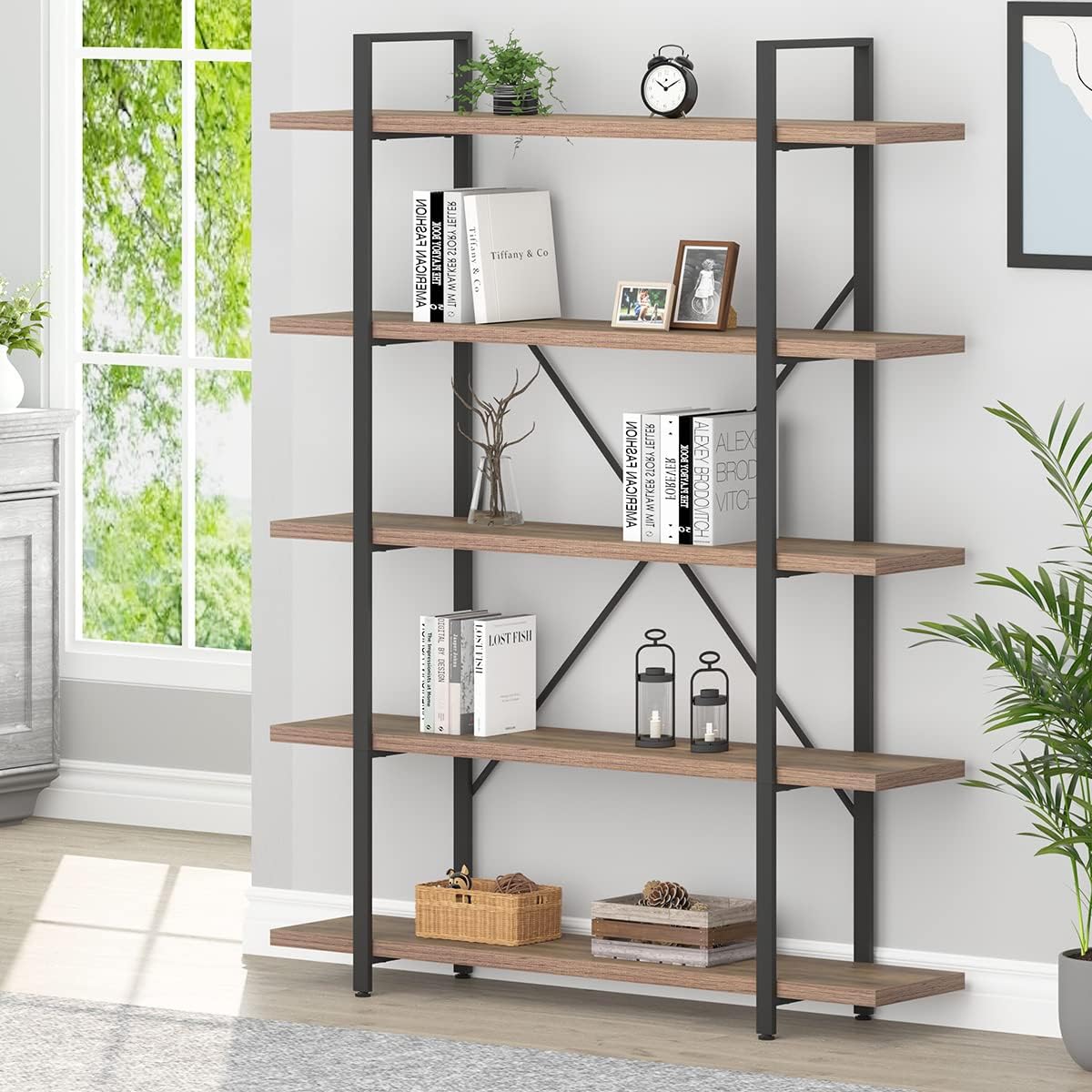 HSH Industrial Wood and Metal 5 Tier Bookshelf, Large Tall Open Rustic Wide Etagere Bookcase, Vintage Farmhouse Modern Wooden Big Book Shelf for Home Living Room Bedroom Office Storage, Rustic Oak