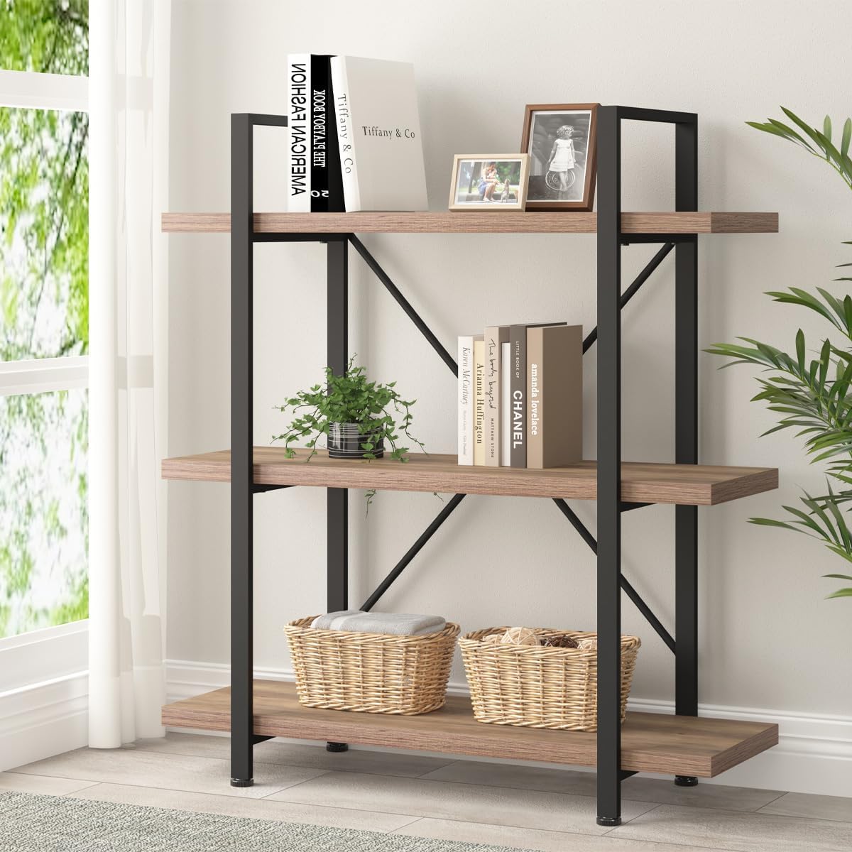 HSH Industrial 3 Tier Book Shelf, Modern Small Wood and Metal 3 Shelf Bookcase Etagere, Farmhouse Open Low 3 Tier Bookshelf and Display Storage Shelves for Bedroom Living Room Office, Rustic Oak