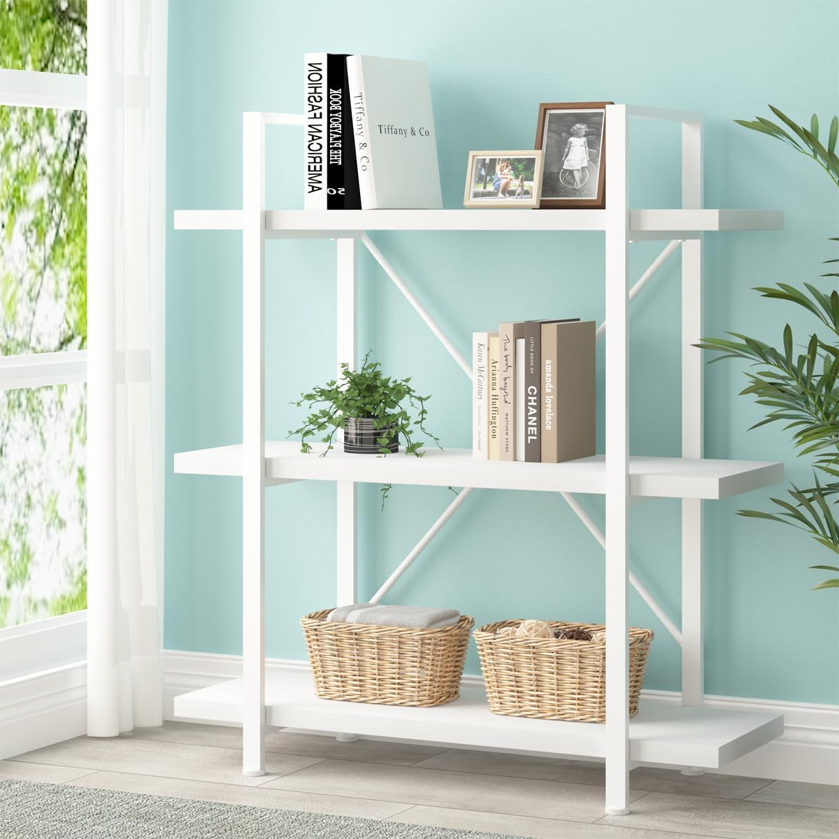 HSH 3 Tier White Bookshelf, Modern Small 3 Shelf Bookcase, Industrial Metal Wood Storage Shelves and Display Book Rack, Farmhouse Open Low Book Shelf for Bedroom Living Room Office, White Oak