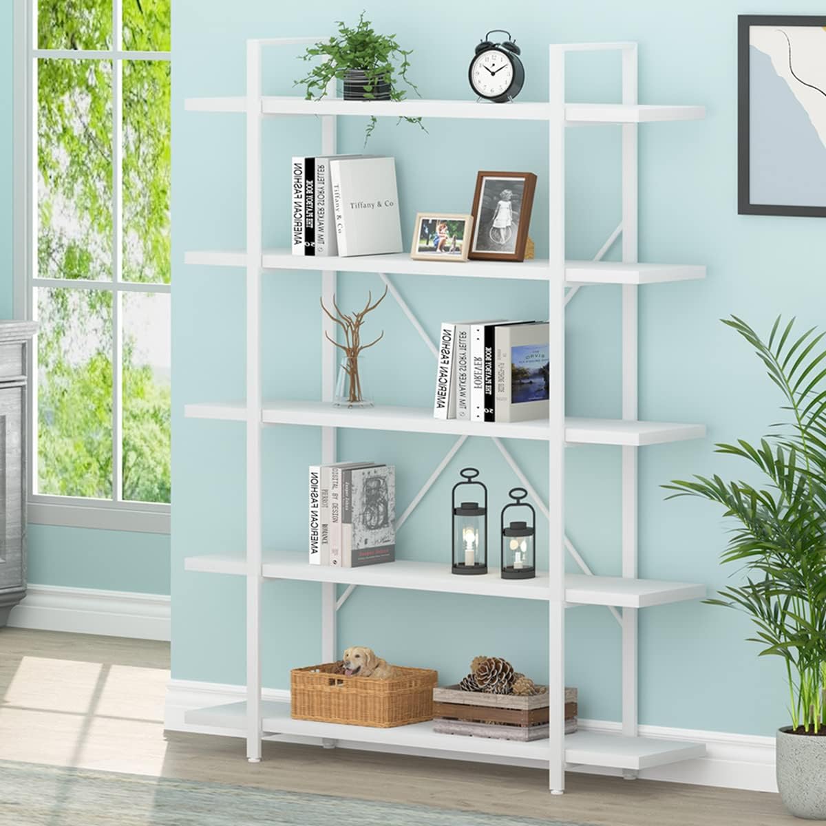 HSH 5 Tier Tall White Bookshelf, Metal and Wood Storage Book Shelves for Bedroom Living Room Office, Modern Large White Bookcases and Bookshelves 5 Shelf, Farmhouse Open Vertical Display Book Shelf