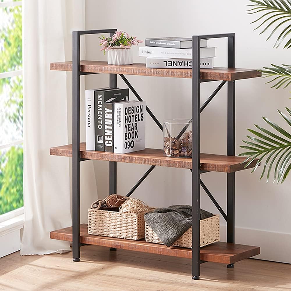 HSH Natural Real Wood Bookshelf, 3 Tier Rustic Vintage Industrial Etagere Bookcase, Open Metal Farmhouse Solid Wooden Book Shelf, Distressed Brown