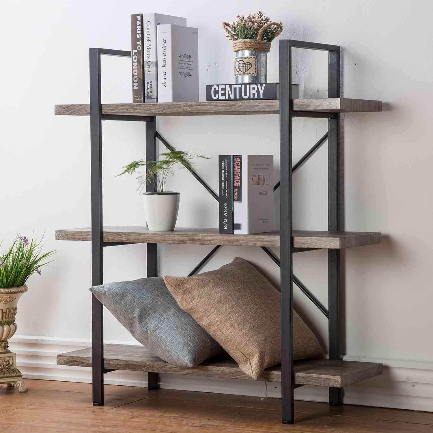 HSH 3-Shelf Bookcase, Rustic Gray 3 Tier Bookshelf, Vintage Industrial Wooden and Metal Display and Storage Bookshelves Tower for Home Office Livingroom Bedroom Light Grey Oak