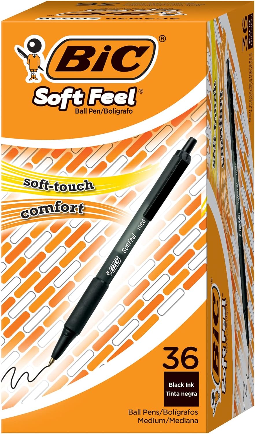 BIC Soft Feel Black Retractable Ballpoint Pens, Medium Point (1.0mm), 36-Count Pack, Black Pens With Soft-Touch Comfort Grip