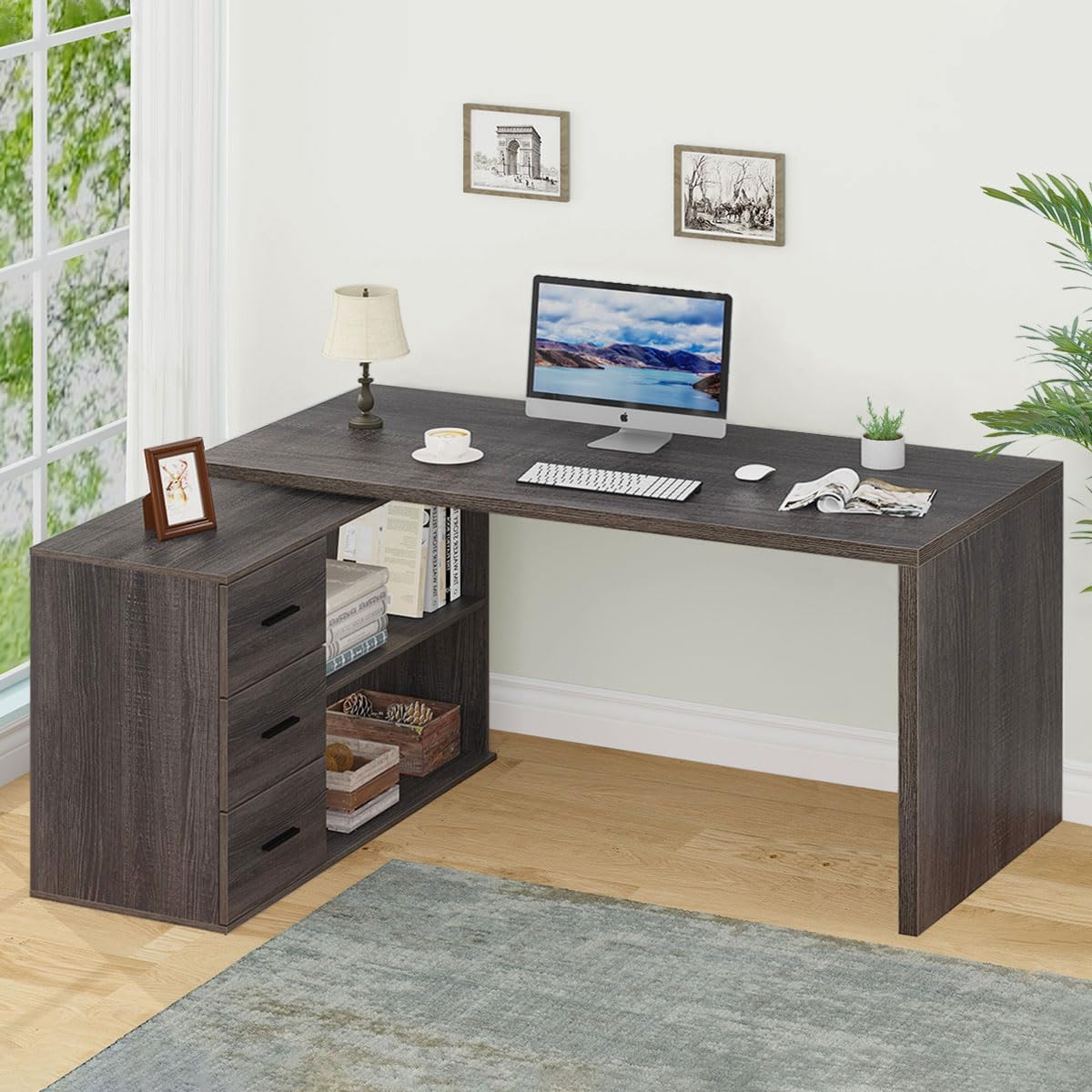 HSH L Shaped Computer Desk with Drawers, L Shaped Desk with Storage Cabinet Shelves, Large Reversible Corner Executive Home Office Desk, Industrial Wood Work Writing Study Table Workstation,Gray 60 In