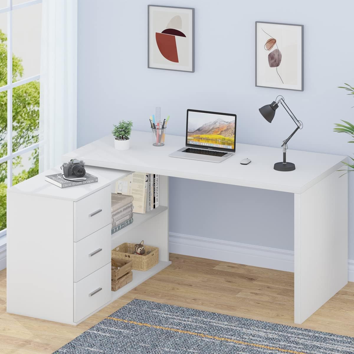 HSH White L Shaped Desk with Drawers Shelves, 360 Rotating L Shape Computer Desk with Storage Cabinet, Corner Home Office Desk Computer Table55 Inch