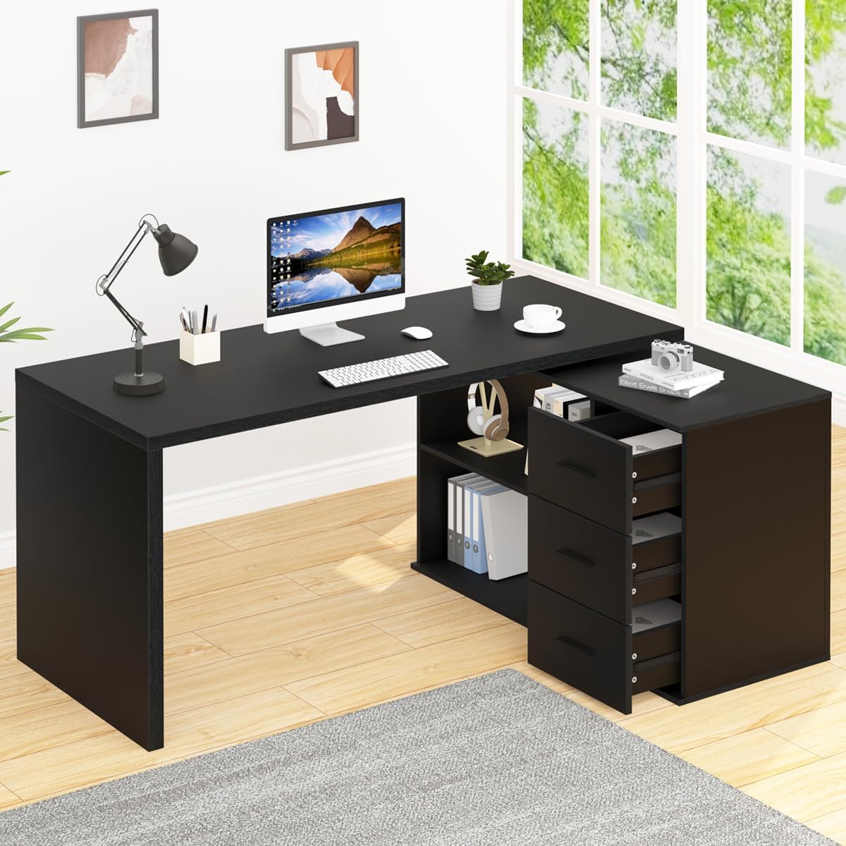 HSH Black L Shaped Desk with Drawers Shelves, 360 Rotating Home Office Desk L Shape with Storage Cabinet, Corner Wood Computer Table for PC Executive Work Study Writing in Bedroom Living Room, 55 in