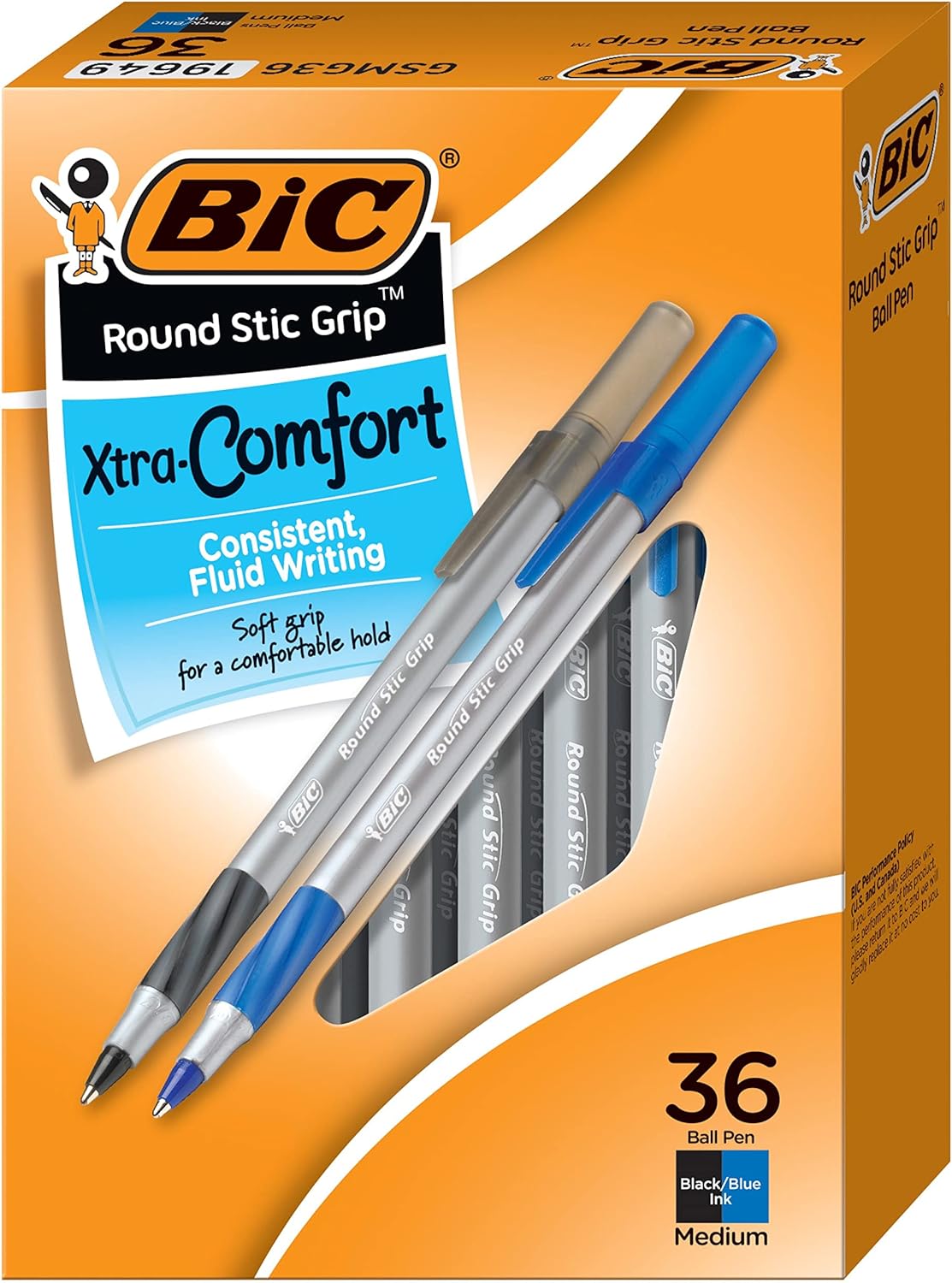 BIC Round Stic Grip Xtra Comfort Assorted Colors Ballpoint Pens, Medium Point (1.2mm), 36-Count Pack, Perfect for Writing with Superb Control