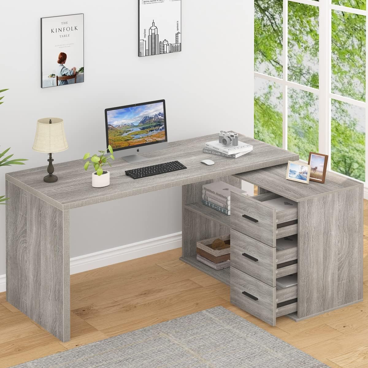 HSH L Shape Desk with Drawers, L-Shaped Desk with Storage Cabinet Shelves, Home Office Corner Computer Desk for Executive Writing, Modern Wood Study PC Table in Bedroom Living Room, Grey Oak, 55 Inch