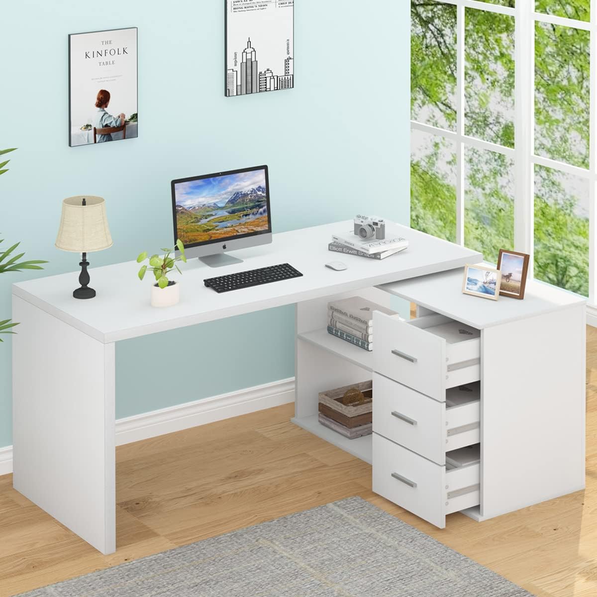 HSH White L-Shaped Computer Desk with 3 Drawers and 2 Shelves, Reversible Home Office Corner Desk for Writing Study Work Executive, 55 Inch Bedroom Wood Table Workstation Desk with Storage Cabinet