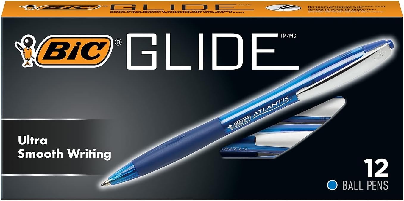 BIC Glide Retractable Ball Pen, Medium Point (1.0 mm), Blue, Comfortable Rubber Grip for Smooth Writing, 12-Count