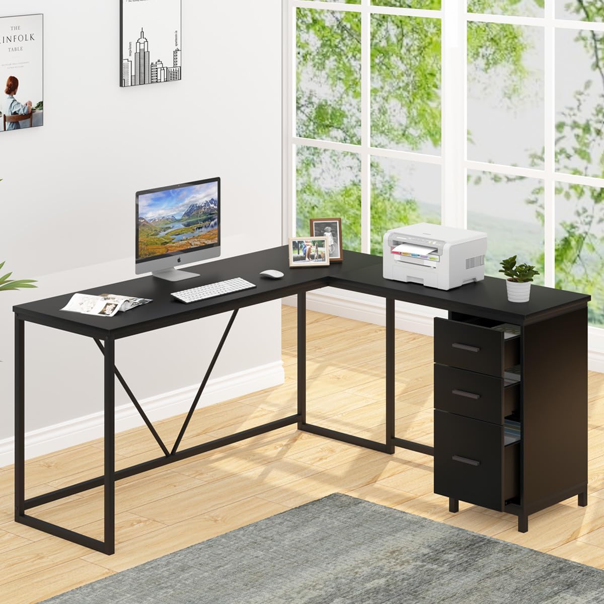 HSH Large Black L Shaped Desk, Corner Wood Computer Desk with Drawer, Modern Work Home Office Desk with Storage Cabinet, Industrial Executive PC Study Writing Desk for Living Bedroom, Black, 59 Inch