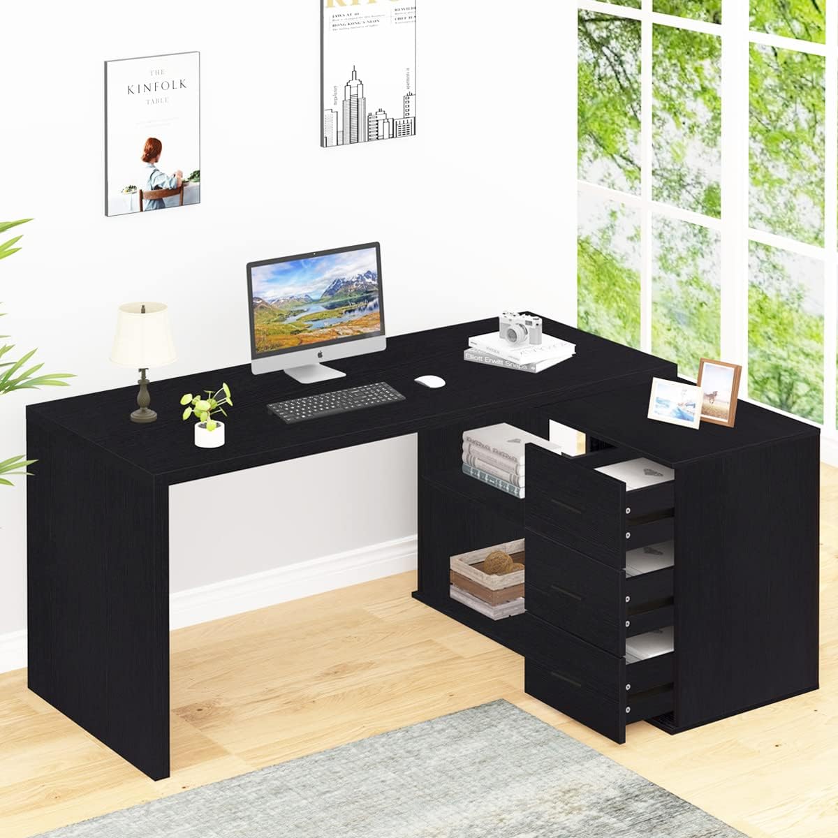 HSH Black L Shaped Computer Desk with Drawers, L Shaped Home Office Desk with Storage Cabinet Shelves, Reversible Corner Wood Writing Desk for Executive Work Study,Large Bedroom Computer Table,55 Inch