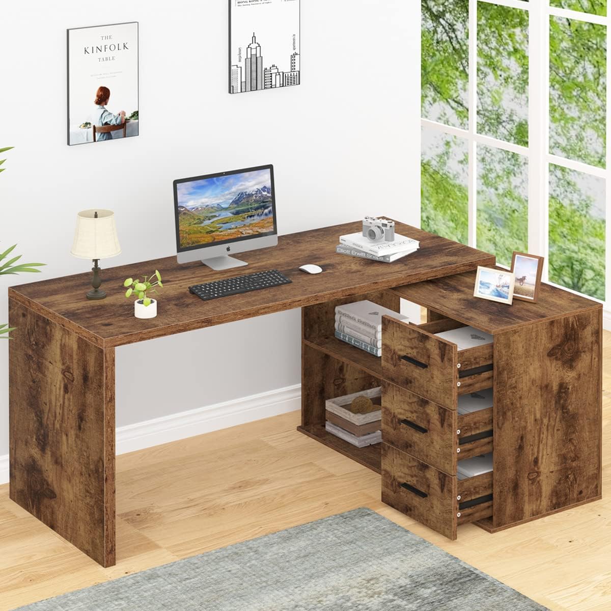 HSH L Shape Home Office Desk with Drawers, L-Shaped Computer Desk with Storage Cabinet Shelves, Wood Executive Desk for Writing Work, Reversible Study Table in Bedroom Living Room, Rustic Brown, 55 In