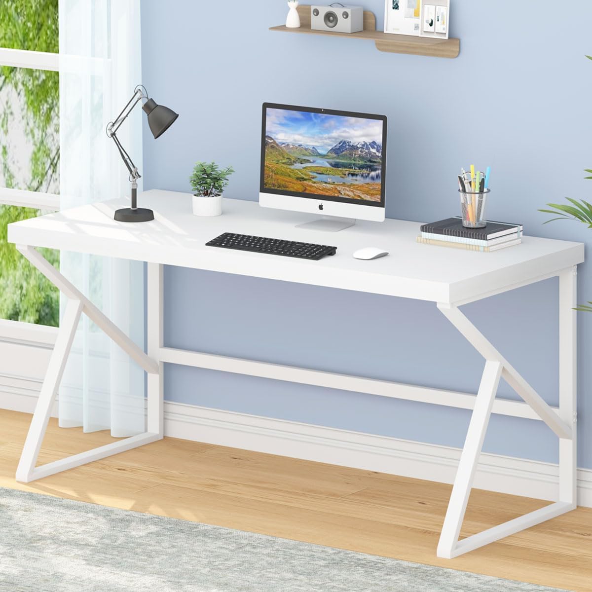 HSH White Computer Desk, Modern Wood Home Office Desk, PC Desk for Executive Work Writing Study Gaming Student Bedroom, Farmhouse Simple Wooden and Metal Computer Table Workstation, White Oak 55 Inch