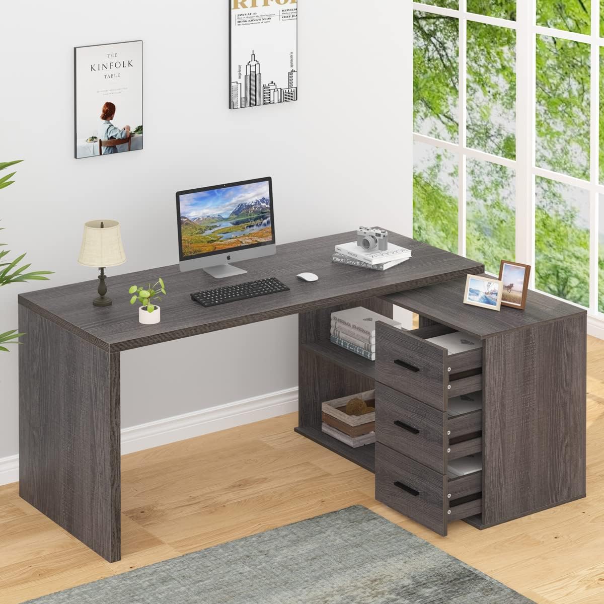 HSH L Shaped Desk with Drawers, Shape Computer Storage Cabinet Shelves, Reversible Modern Industrial Home Office Corner Desk, Rustic Wood Executive Writing Gaming Study Table, Gray 55 Inch