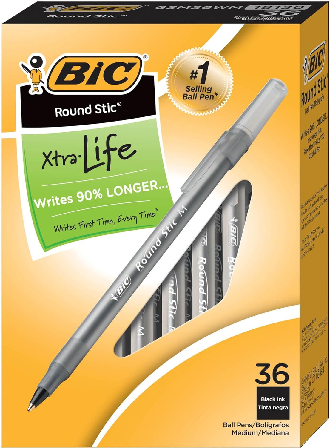BIC Round Stic Xtra Life Ball Point Pen, Black, 36 Pack