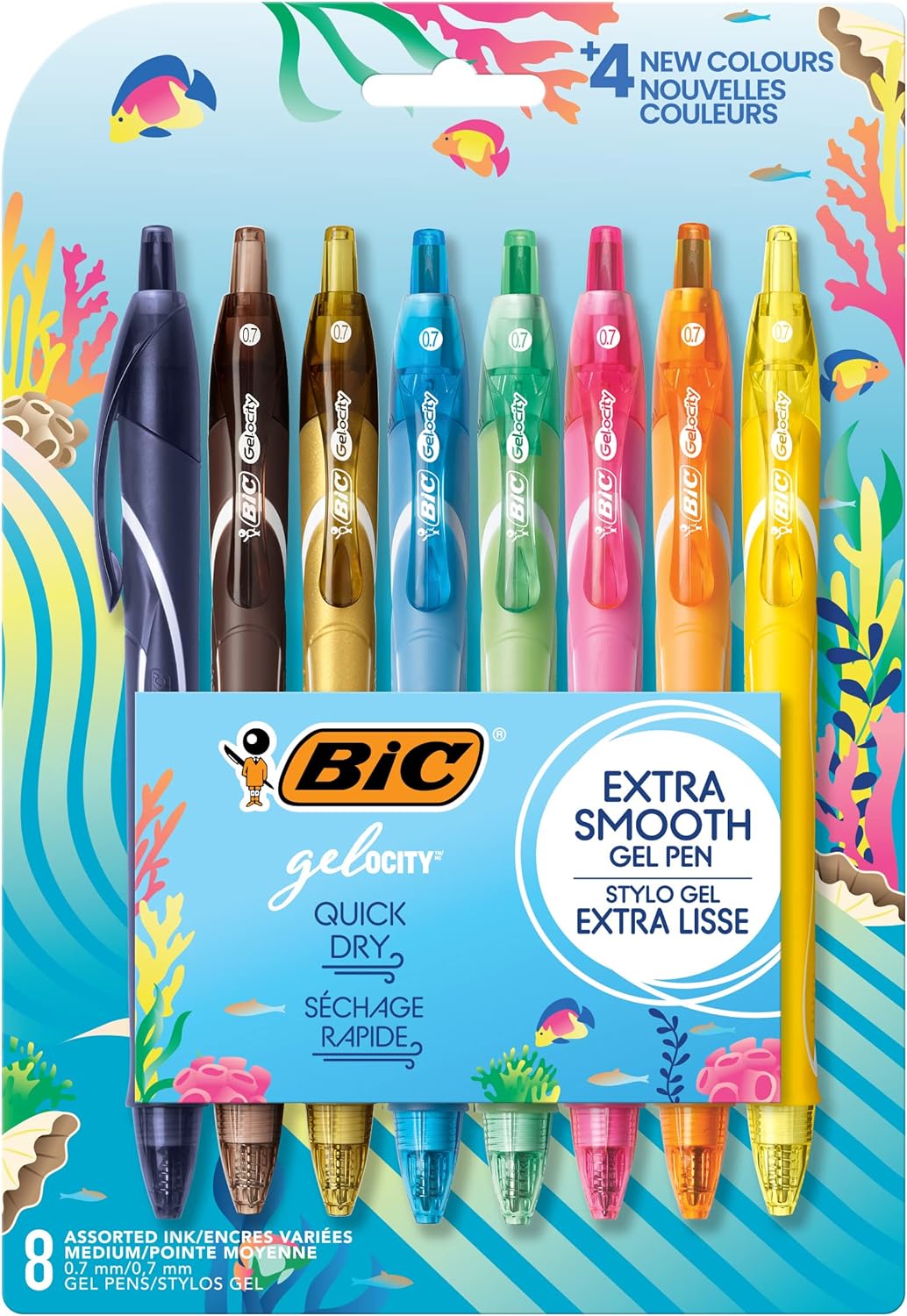BIC Gel-ocity Quick Dry Fashion Gel Pens (RGLCGAP8-AST), Medium 0.7mm, Assorted Colors, Retractable Gel Pens with Comfortable Full Grip, 8-Count Pack