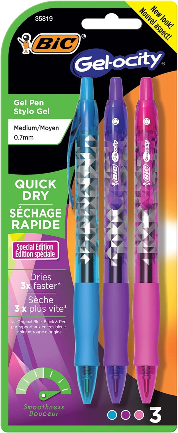 BIC Gel-ocity Quick Dry Special Edition Fashion Gel Pen, Medium Point (0.7mm), Assorted Fashion Colors, 3-Coun