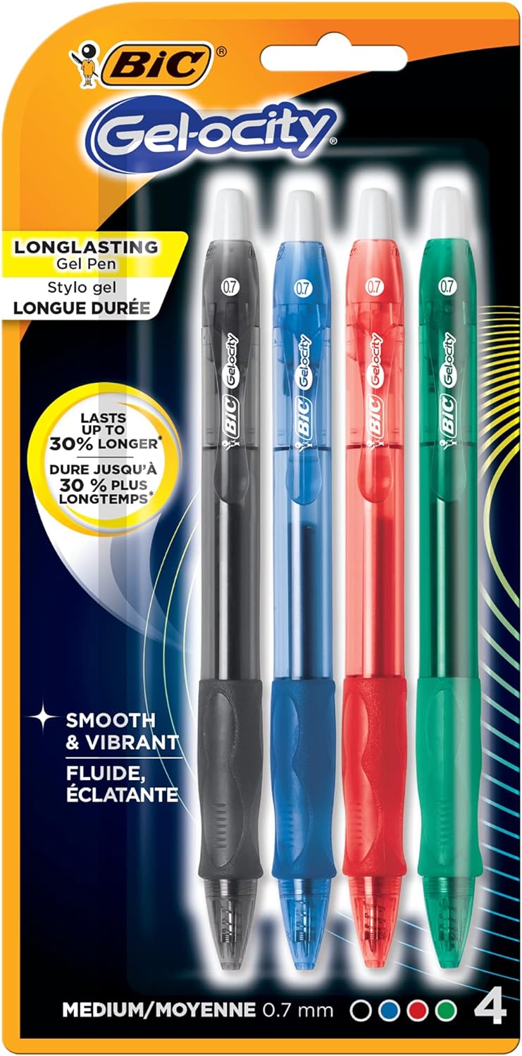 BIC Gel-ocity Original Retractable Gel Pen, Medium Point (0.7mm), Assorted Colors, Comfortable, Contoured Grip, 4-Count