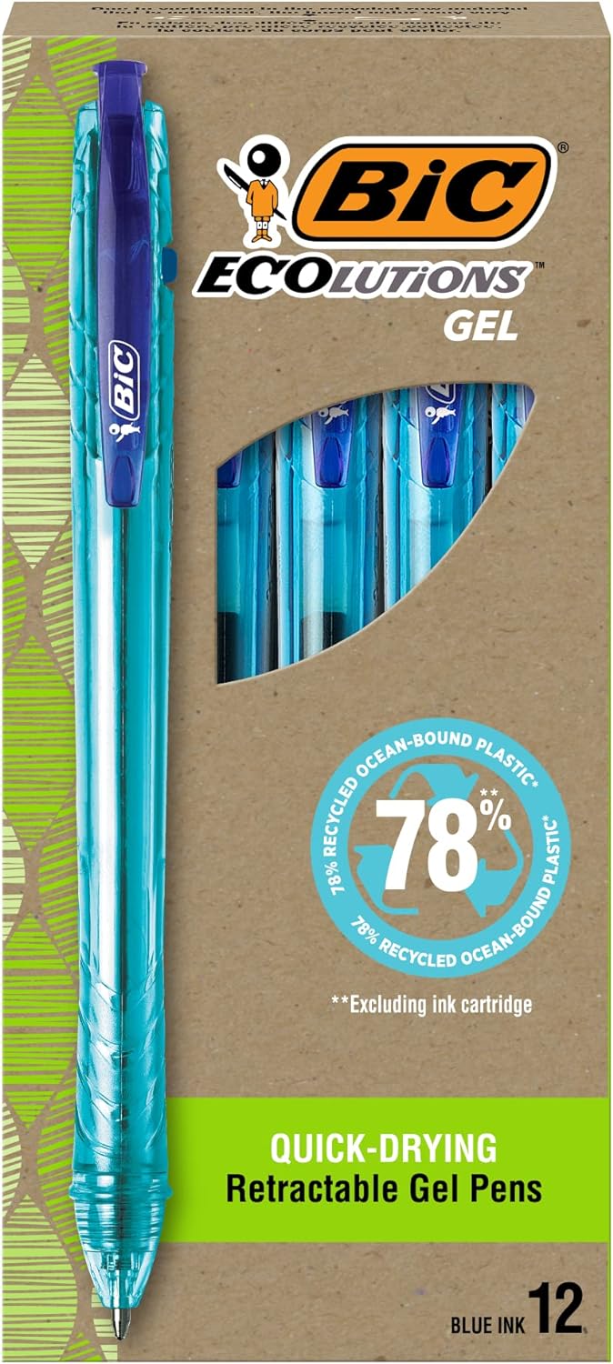 BIC Ecolutions Ocean-Bound Plastic Gel Pens, Medium Point (1.0mm), 12-Count Pack, Retractable Blue Ink Pens Made from 78% Ocean-Bound Recycled Plastic Excluding Ink Cartridge