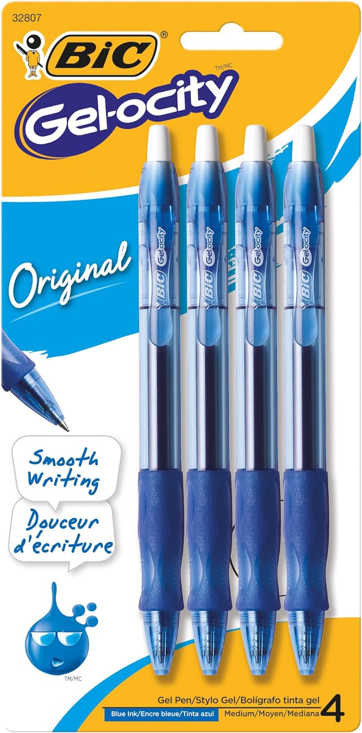 BIC Gel-ocity Original Blue Gel Pens, Medium Point (0.7mm), 4-Count Pack, Retractable Gel Pens With Comfortable Grip