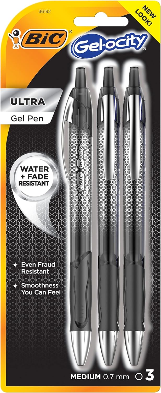 BIC Gel-ocity Ultra Retractable Gel Pen, Medium Point (0.7mm), Black, Premium Design & Comfortable Grip, 3-Count