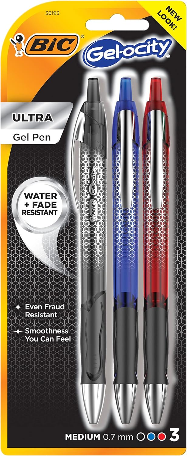 BIC Gel-Ocity Ultra Gel Pens, Medium Point Retracable (0.7mm), Assorted, 3-Count