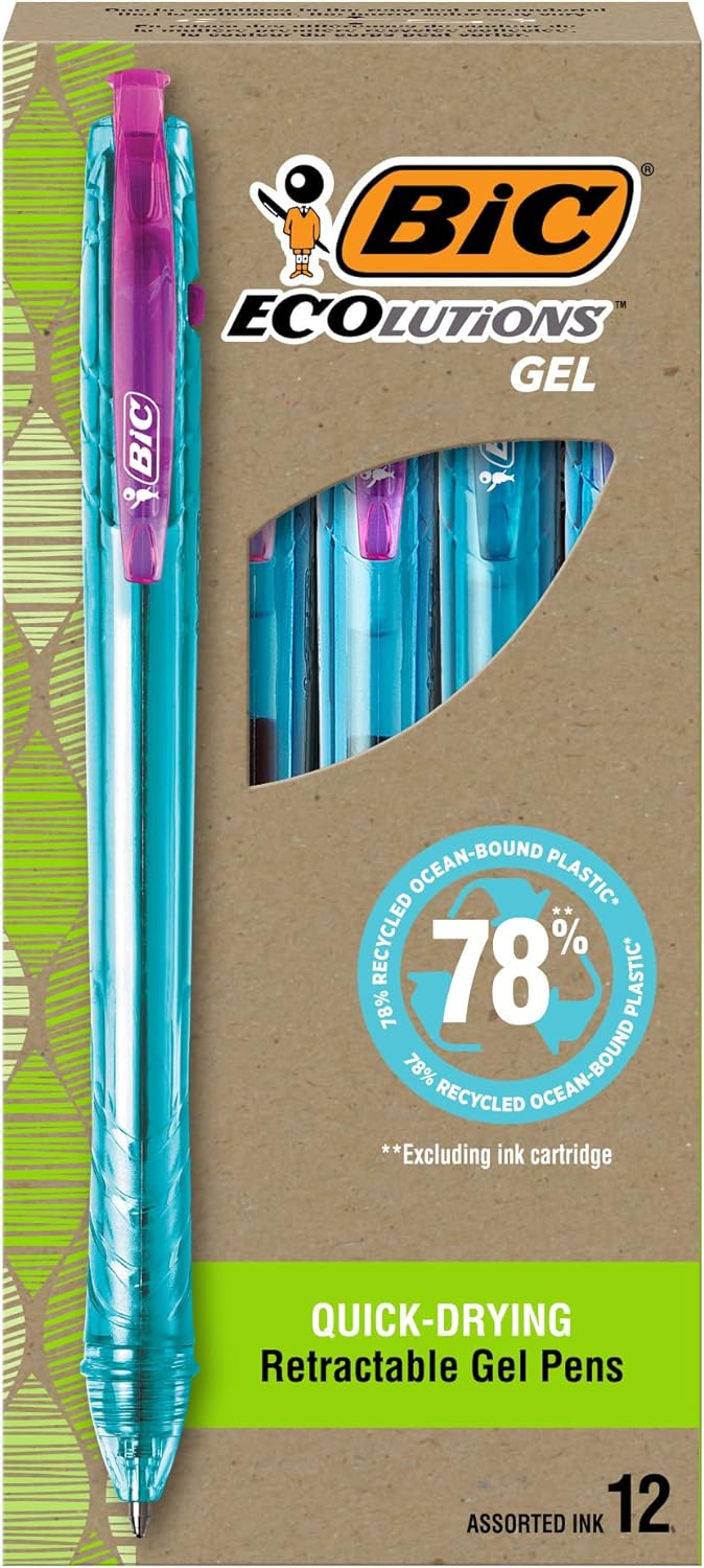 BIC Ecolutions Gel Pens, Medium Point (1.0mm), 12-Count Pack, Retractable Assorted Ink Pens Made from 78% Ocean-Bound Recycled Plastic Excluding Ink Cartridge