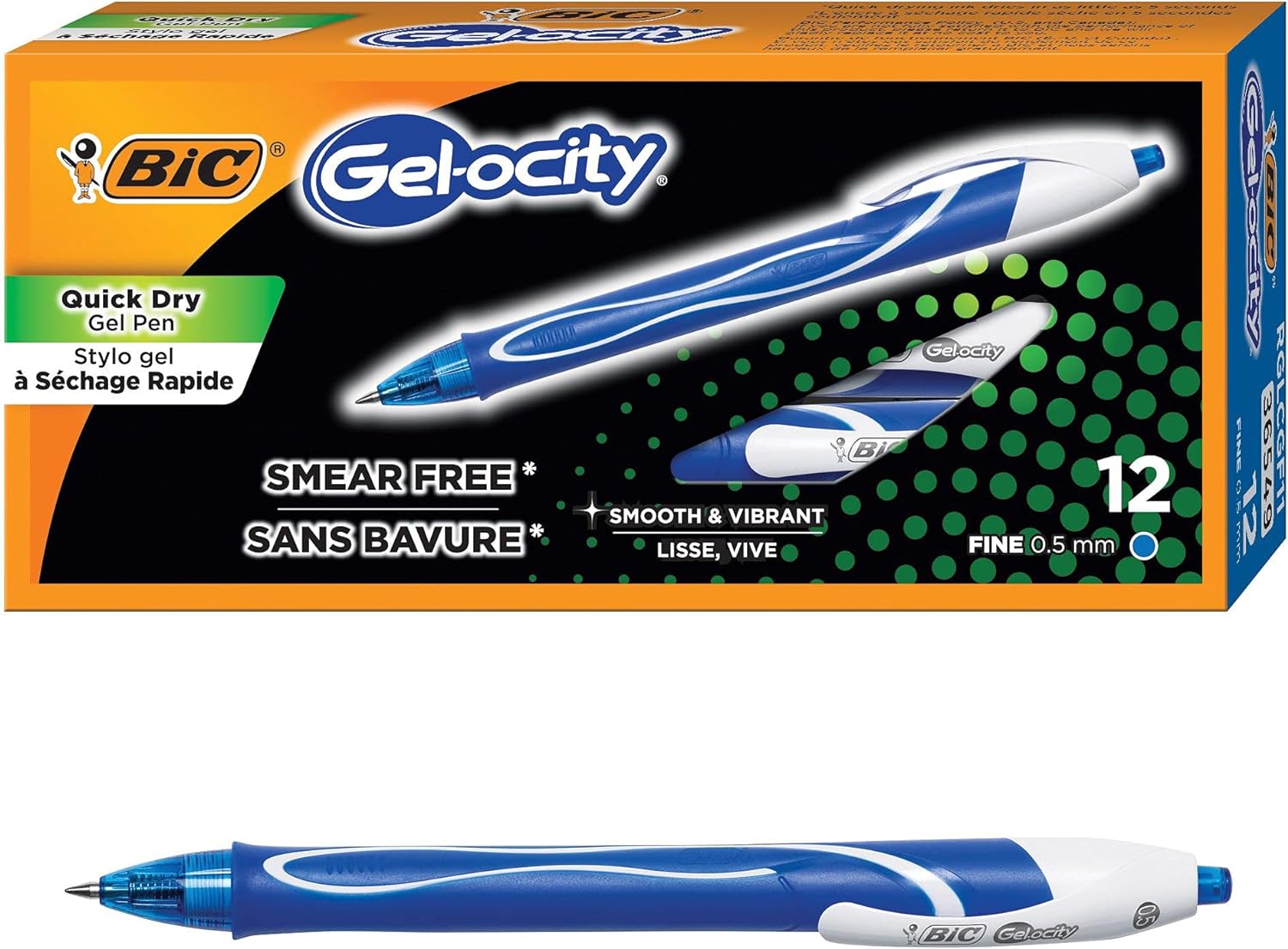 BIC Gel-ocity Quick Dry Gel Pen, Fine Point (0.5mm) - Box of 12 Blue Gel Pens (RGLCGF11-BLU)