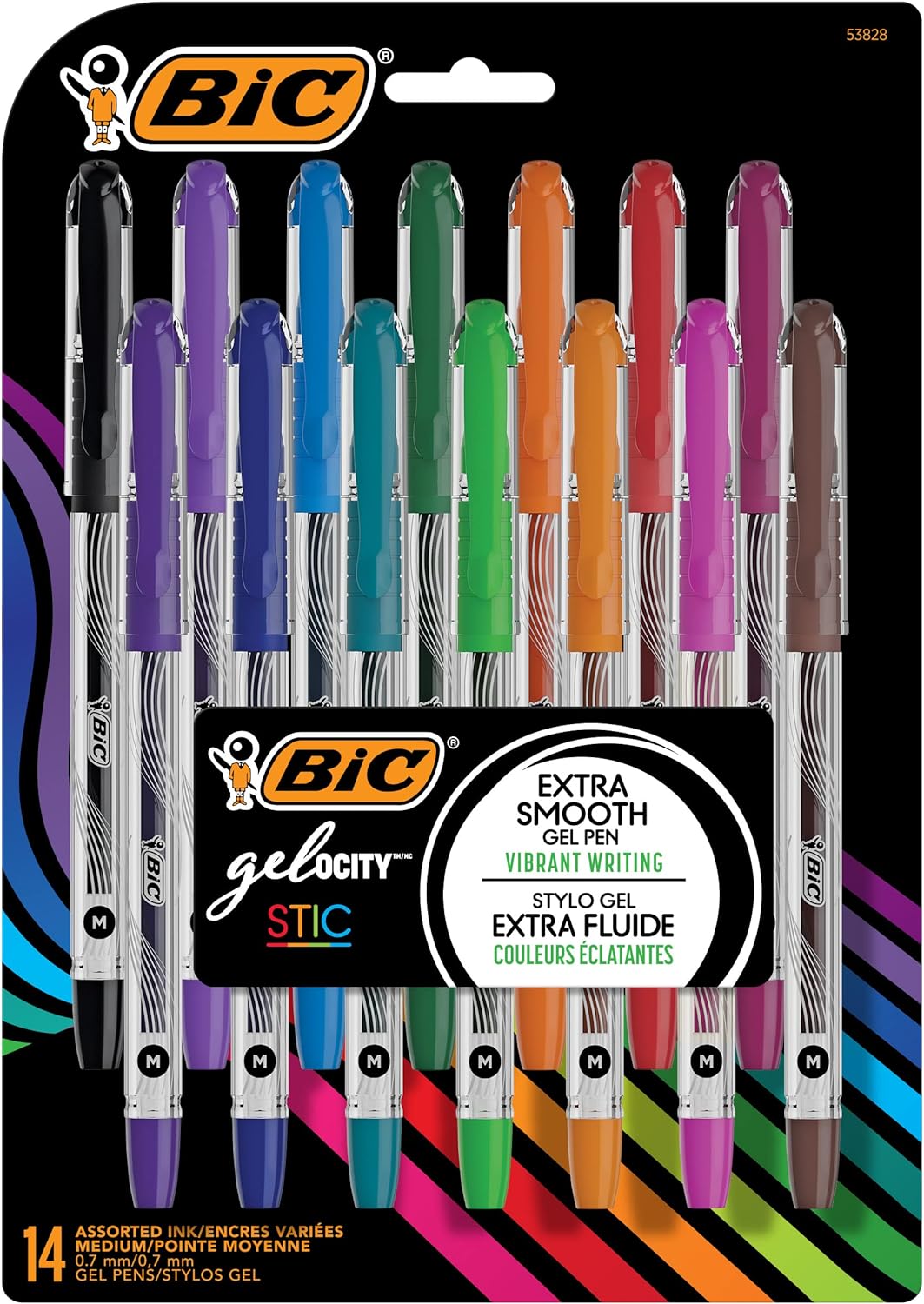 BIC Gel-ocity Stic Assorted Colors Gel Pen Set, Medium Point (0.7mm), 14-Count Pack, Colorful Pens for Journaling and Lists (RGSMP14-AST)