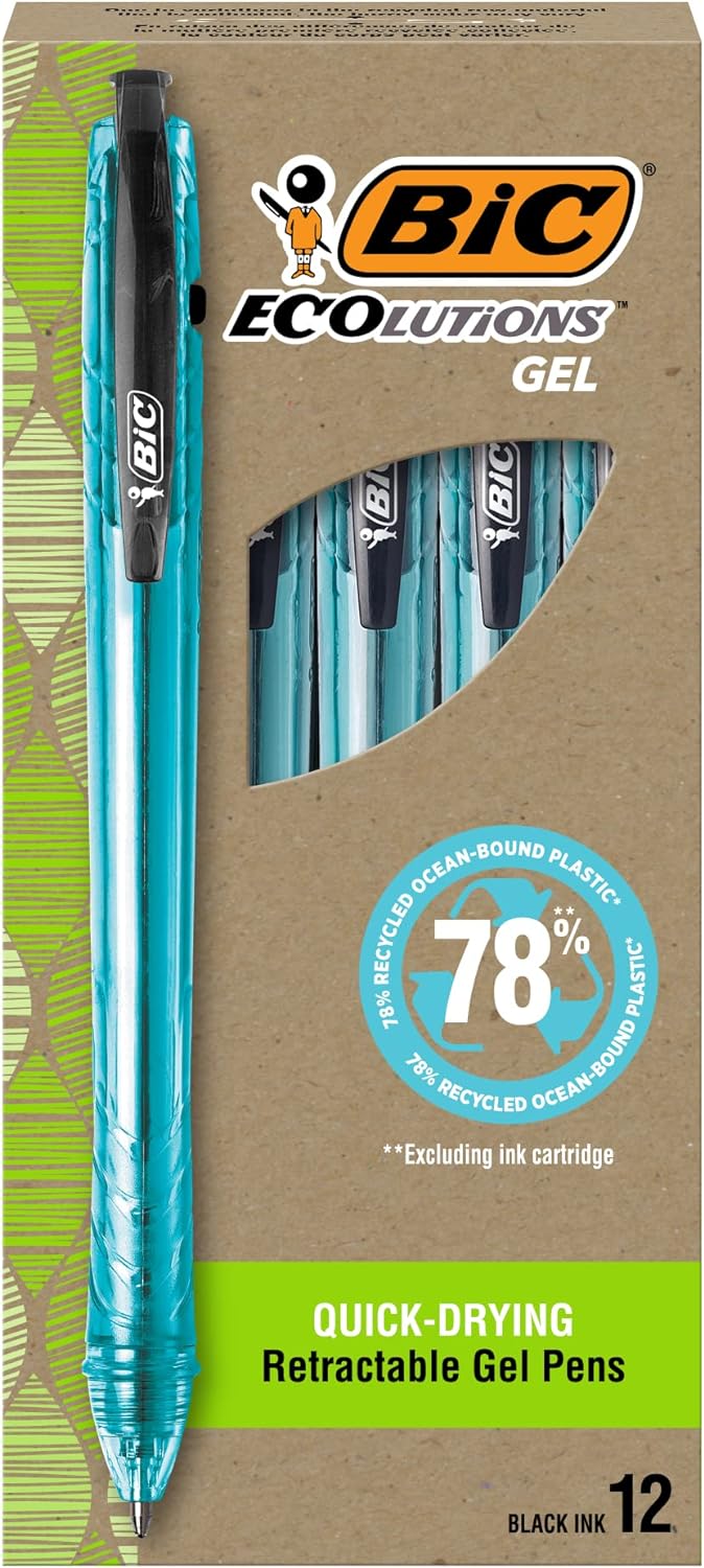 BIC Ecolutions Ocean-Bound Plastic Gel Pens, Medium Point (1.0mm), 12-Count Pack, Retractable Black Ink Pens Made from 78% Ocean-Bound Recycled Plastic Excluding Ink Cartridge