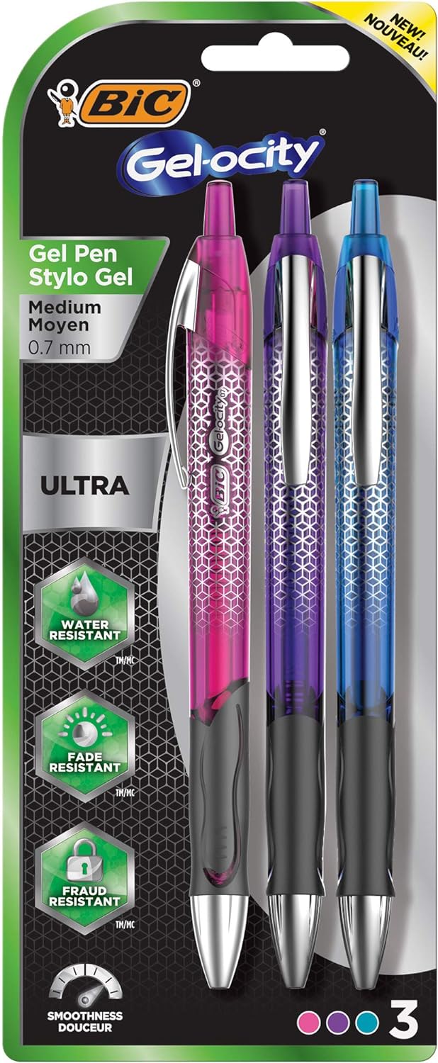 BIC Gel-ocity Ultra Retractable Gel Pen, Medium Point (0.7mm), Assorted Colors, Premium Design & Comfortable Grip, 3-Count