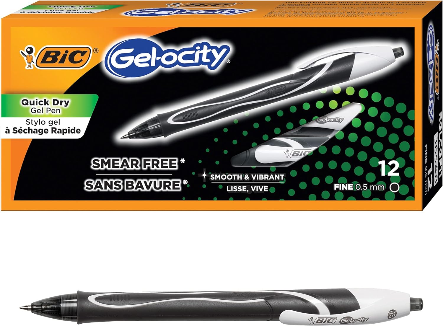 BIC Gel-ocity Quick Dry Gel Pen, Fine Point (0.5mm) - Box of 12 Black Gel Pens