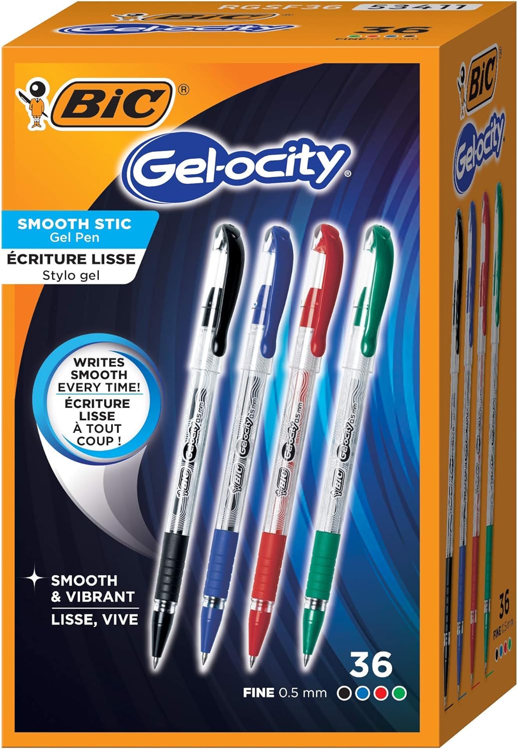 BIC Gel-ocity Smooth Stic Gel Pen, Fine Point (0.5mm), Assorted Colors, 36-Count, Vibrant and Smooth Gel Ink (Pack of 1)