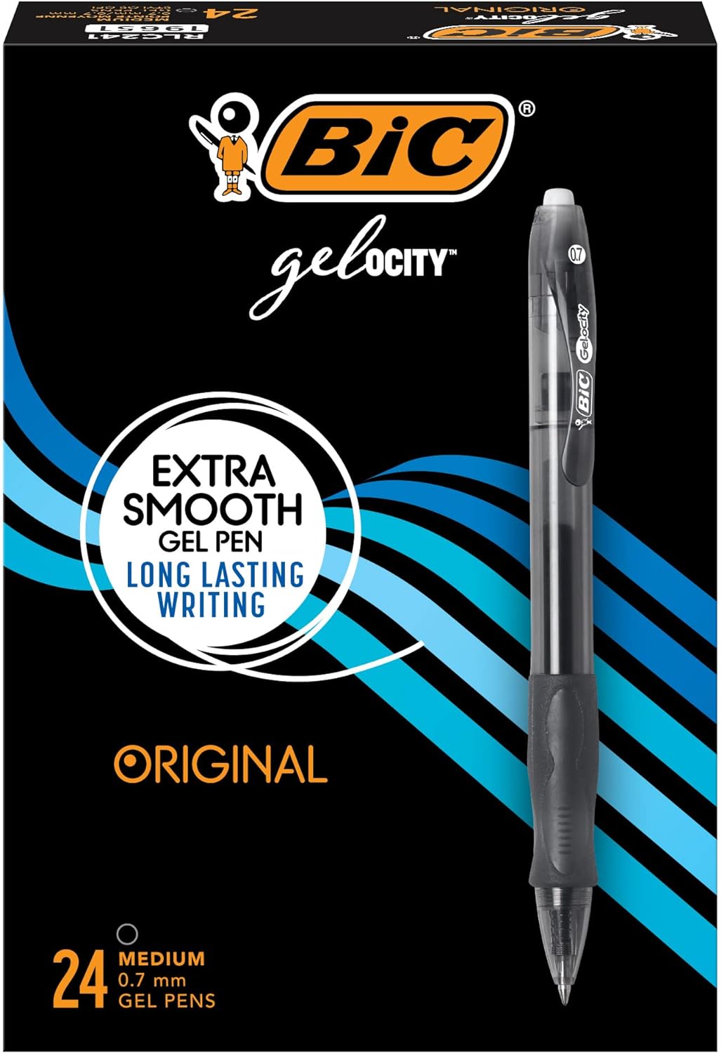 BIC Gel-ocity Original Black Gel Pens, Medium Point (0.7mm), 24-Count Pack, Retractable Gel Pens With Comfortable Grip