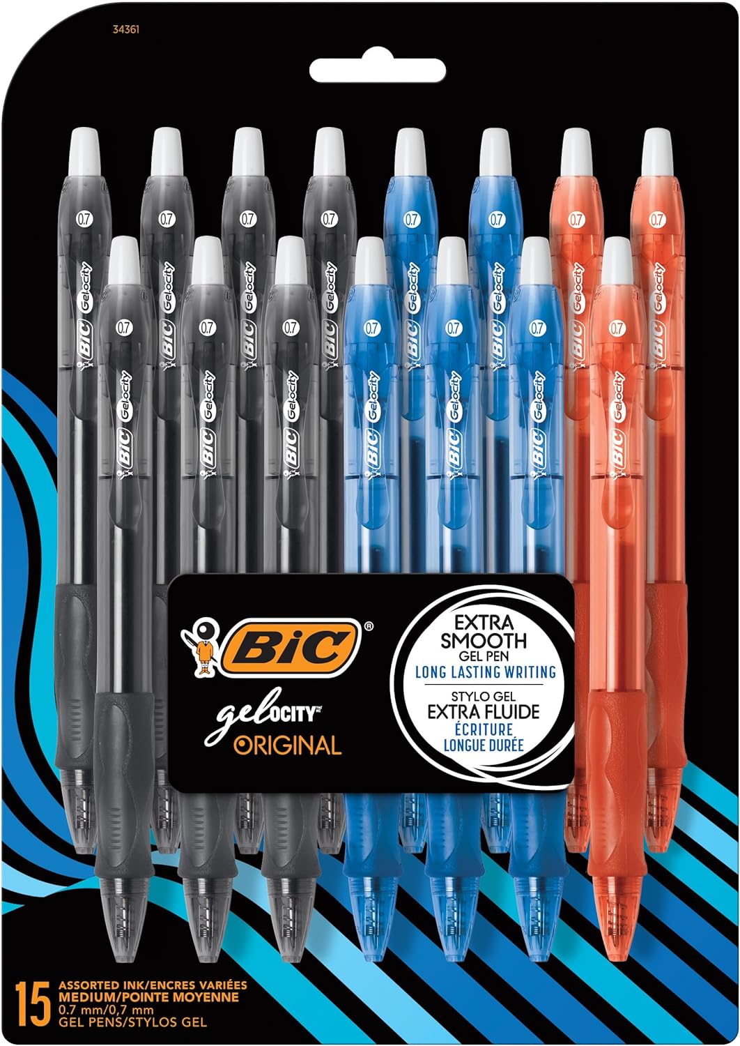 BIC Gel-ocity Retractable Gel Pen, Medium Point (0.7mm), Assorted Colors, Comfortable, Contoured Grip, color gel pens (15 count)
