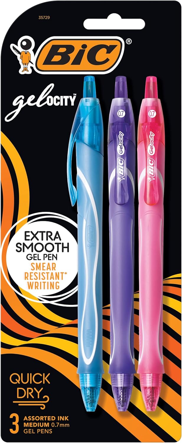 BIC Gel-Ocity Quick Dry Gel Pens, Medium Point Retractable Gel Pen (0.7mm), Assorted Colors, 3-Count