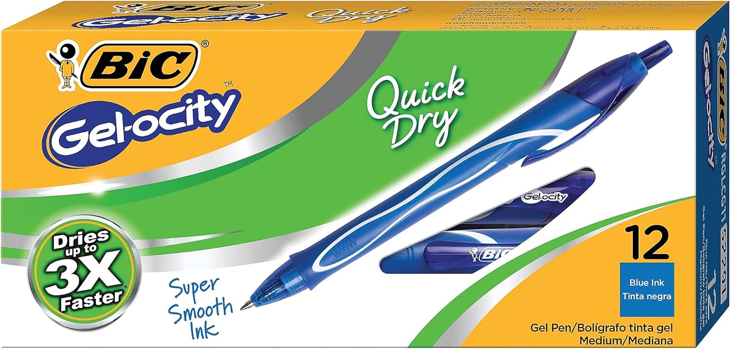 BIC Gel-ocity Quick Dry Blue Gel Pens, Medium Point (0.7mm), 12-Count Pack, Retractable Gel Pens With Comfortable Full Grip