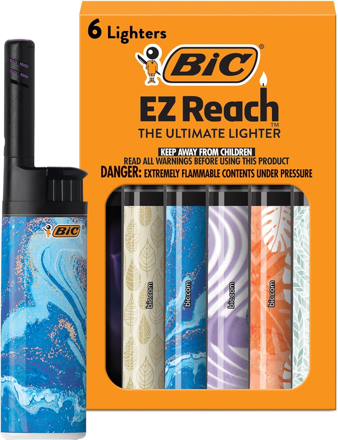 BIC EZ Reach Candle Lighter, The Ultimate Lighter with Wand for Candles, Assorted Designs, 6 Count Pack of Lighters, Perfect Stocking Stuffers