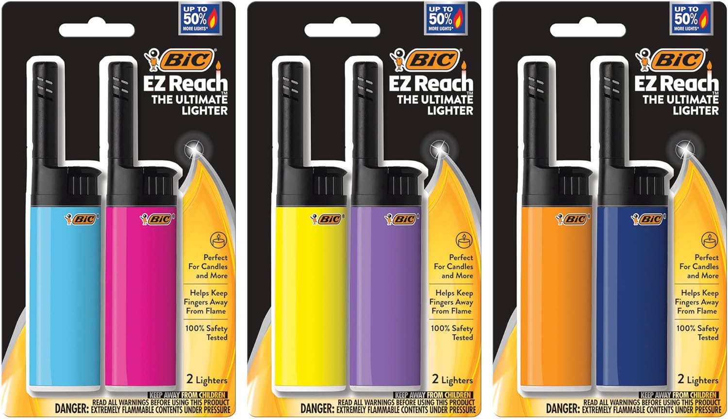 BIC EZ Reach Candle Lighter, The Ultimate Lighter with Wand for Candles, Assorted Designs, 6 Count Pack of Long Lighters