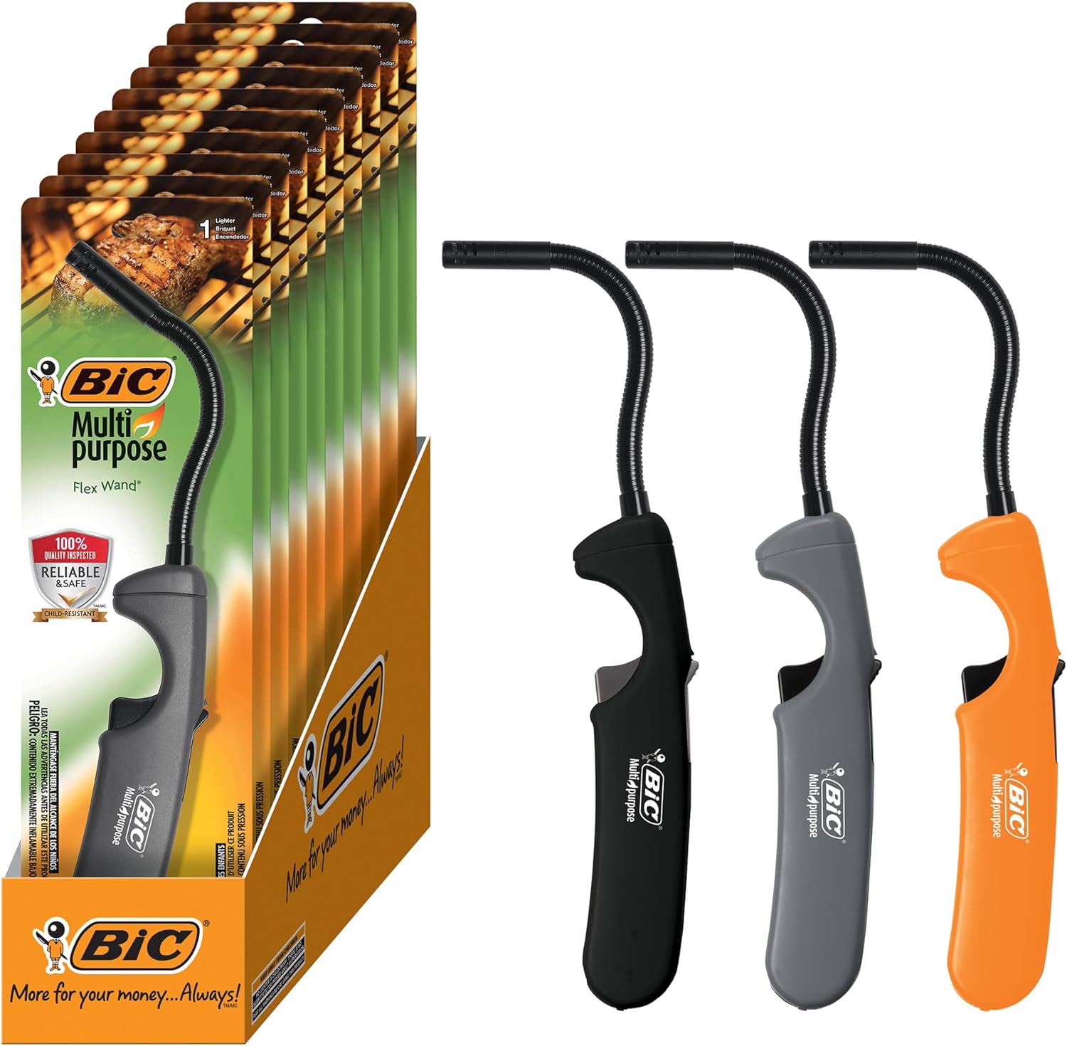 BIC Multi Purpose Lighter with Flexible Metal Wand, Classic Collection, Great Lighter for Candles, Grills and Fireplaces, 10 Count Pack of Lighters