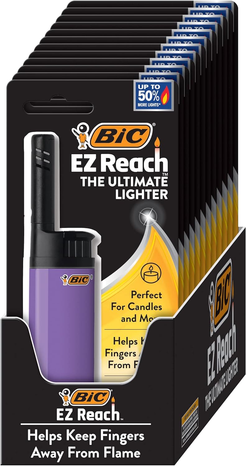 BIC EZ Reach Candle Lighter, The Ultimate Lighter with Wand for Candles, Assorted Designs, 12 Count Pack of Lighters