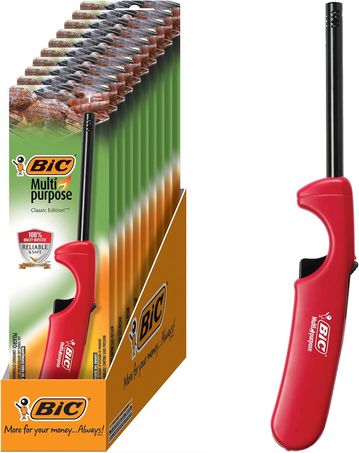 BIC Multi Purpose Lighter with Long Metal Wand, Classic Collection, Great Lighter for Candles, Grills and Fireplaces, 10 Count Pack of Lighters